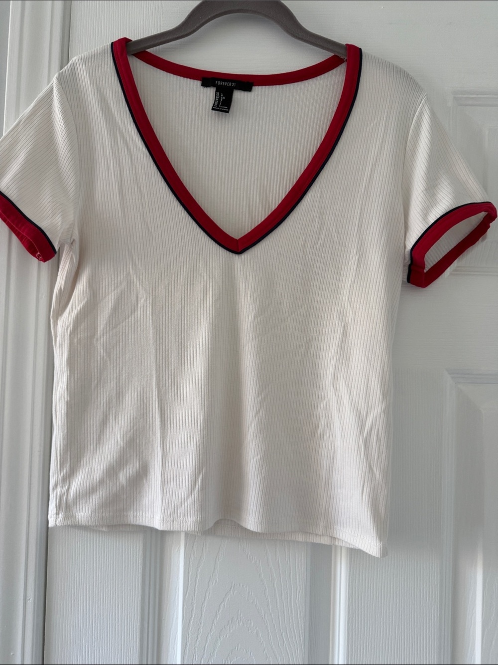Forever 21 White Ribbed Deep V-Neck Tee with Red and BlueTrim Large